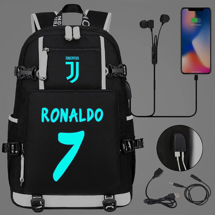 Showcase Your Soccer Spirit with the Cristiano Ronaldo Themed Backpack - USB Charging, 15-inch Laptop Storage & Double-Sided Pockets!-Mayoulove