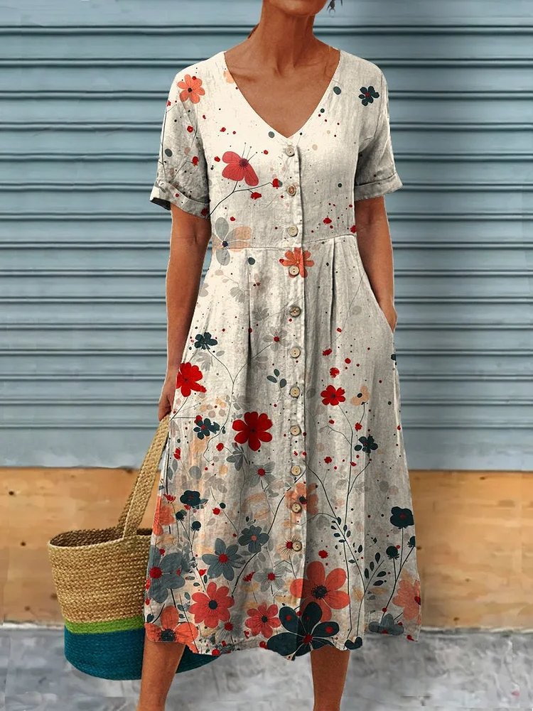 Women's Spring Flowers Linen Pocket Tunic Dress
