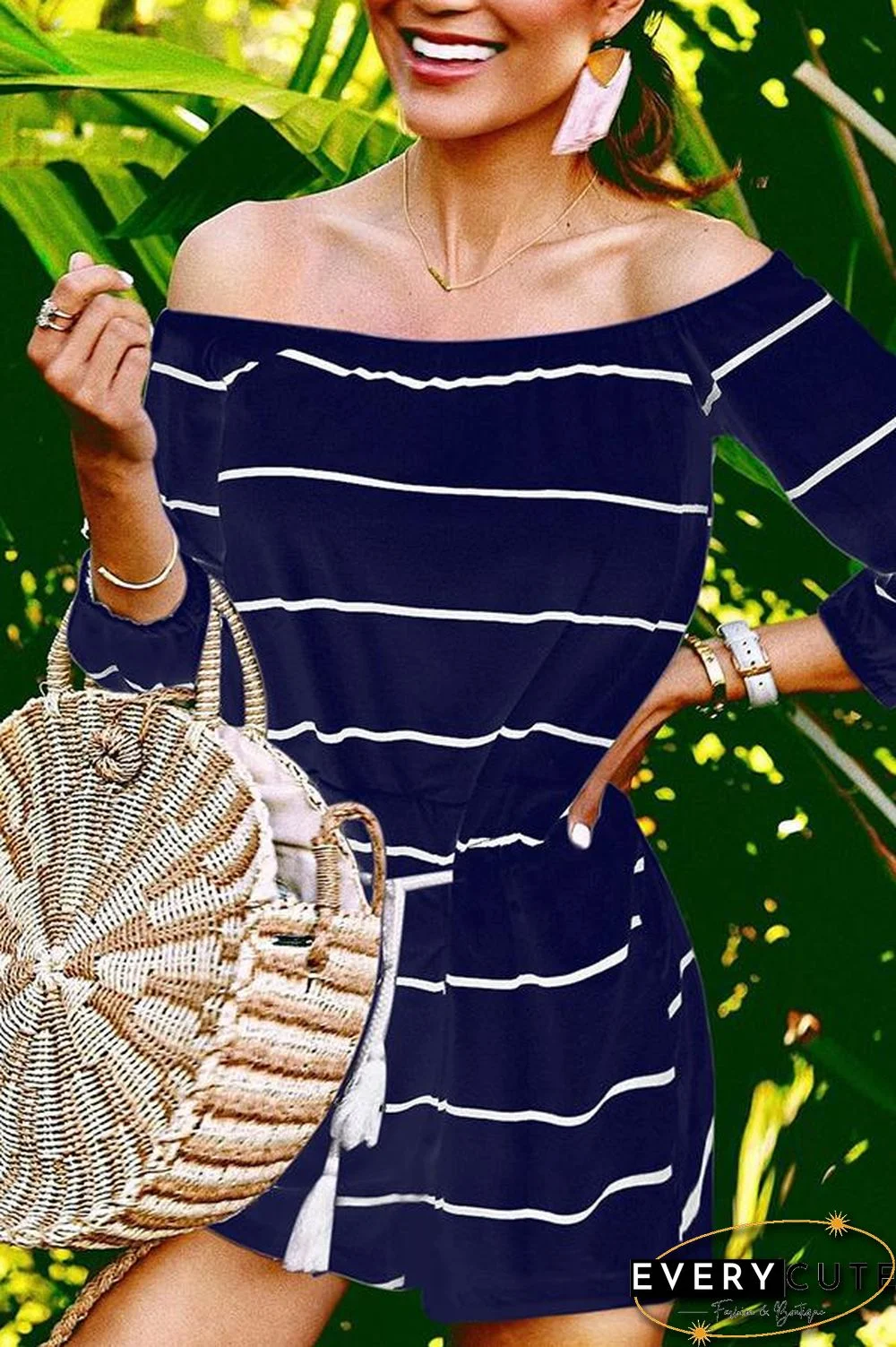 Off Shoulder Striped Printed Drawstring Romper P13659