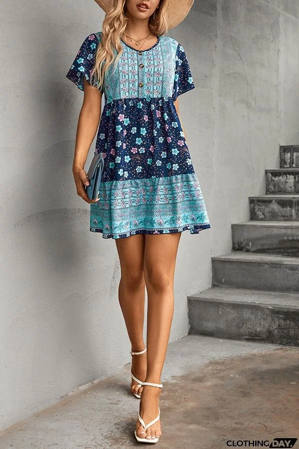 Button V-Neck Floral Loose Mini Dress