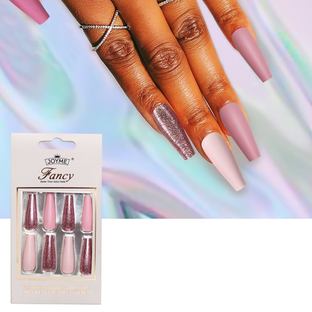Shecustms™ 30Pcs Pink Matte Glitter Press on Nails Coffin Long Fake Nails