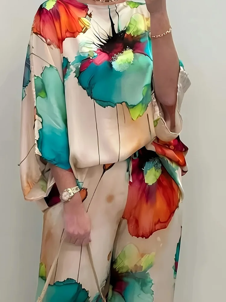 2pcs/Set Ladies' Elegant Printed Satin Two-Piece Set: Round-Neck Top And Wide-Leg Pants, Perfect For Summer Outfits, Refreshing And Comfortable