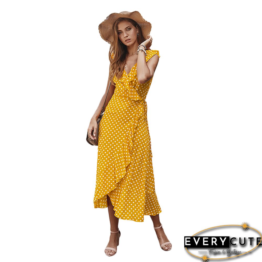 Yellow Polka Dot Ruffle Detail Maxi Dress