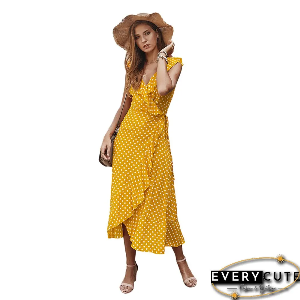 Yellow Polka Dot Ruffle Detail Maxi Dress
