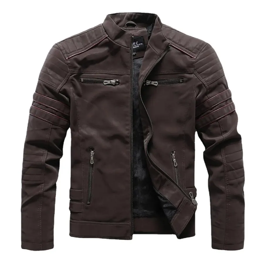 Winter Men's Pu Leather Jacket Warm Multi Pocket Motorcycle