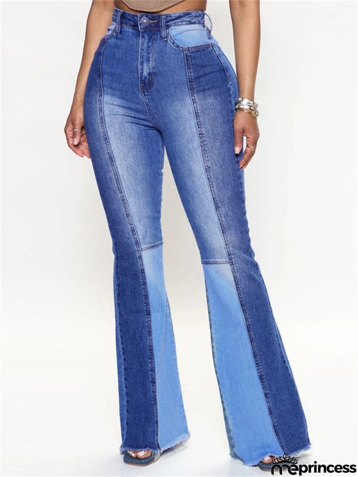 Trendy Sexy High-rise Contrast Color Women's Denim Flare Pants