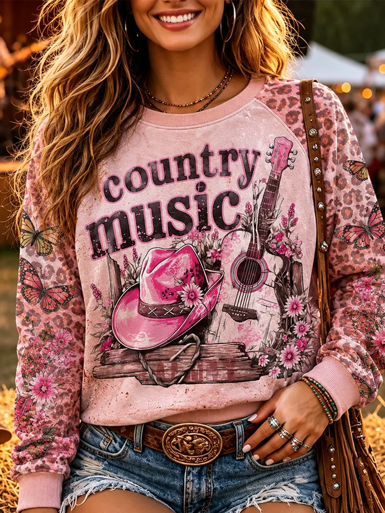 Women's Vintage Country Music Queen Commemorative Pink Leopard Print Casual Raglan Sleeve Sweatshirt artswardrobe