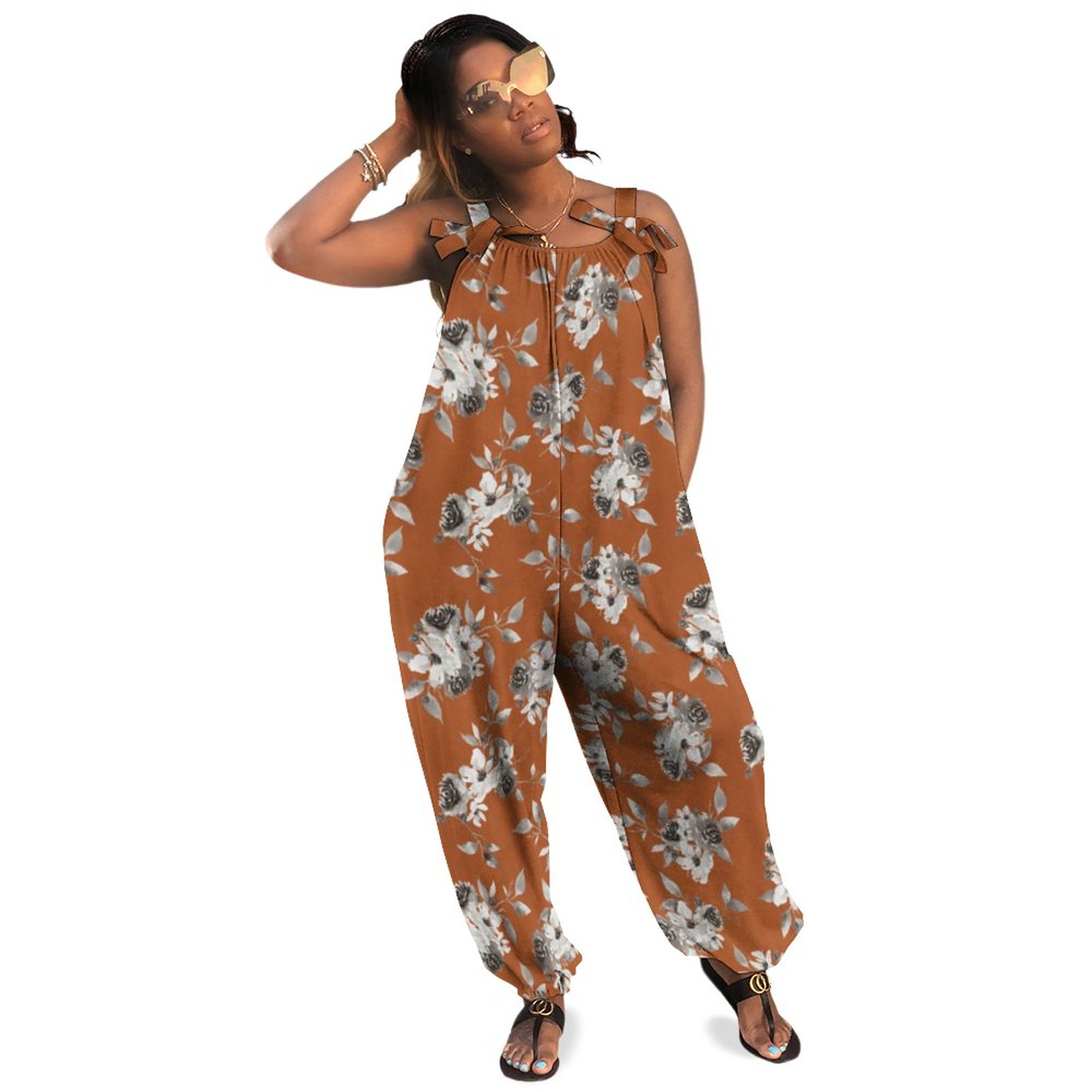Fall Burnt Orange Floral Plus Size Sleeveless Jumpsuit Summer Harem Pants Women Casual Romper Boho Natural Waist Pockets