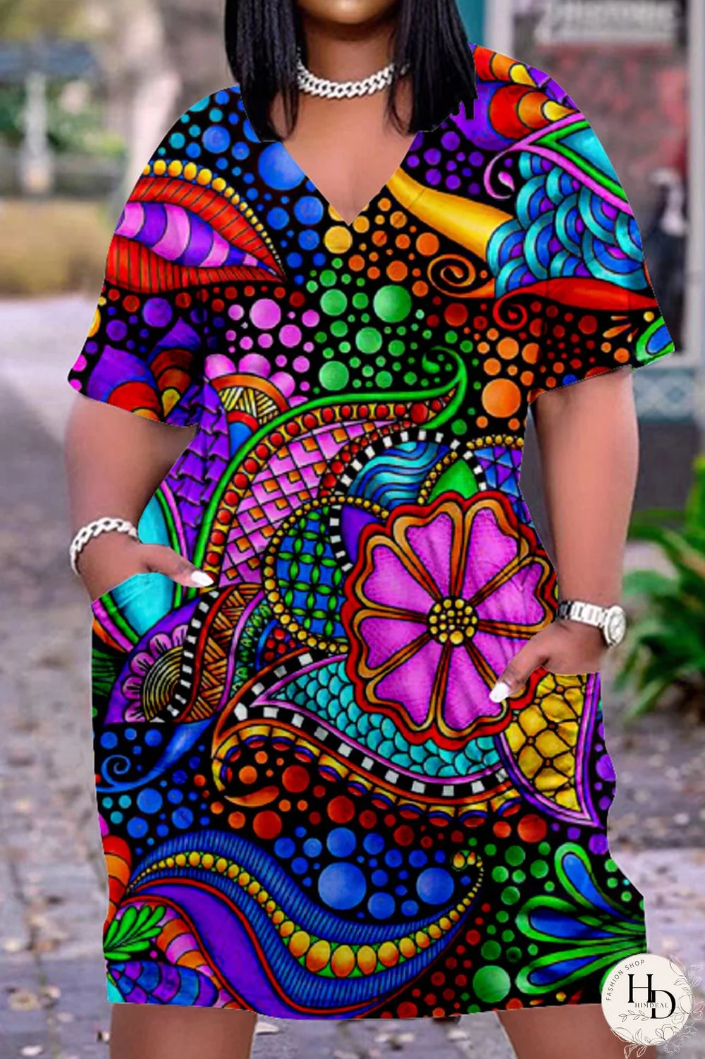 Purplish Blue Fashion Casual Print Basic V Neck Short Sleeve Dress