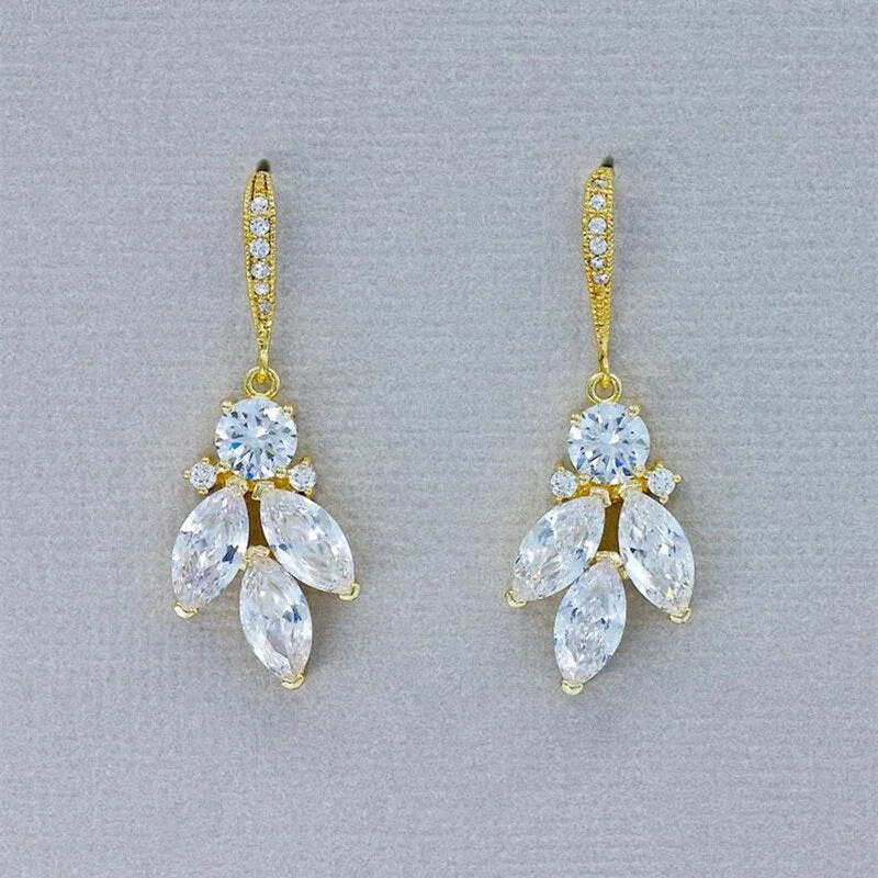 Luxury Princess Cut Hand Inlaid Marquise Zircon Crystal Earrings Fashion Gold Color Wedding Jewelry Drop Dangle Earring
