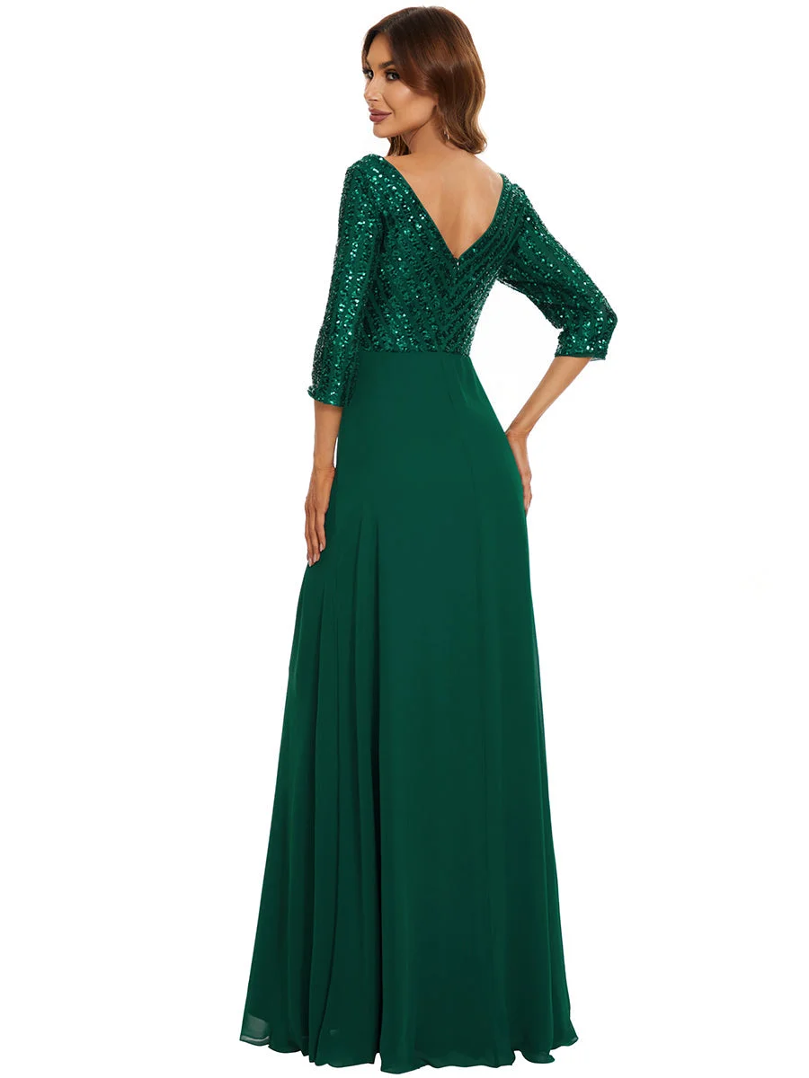 Sexy V Neck A-Line Sequin Wholesale Evening Dresses With 3/4 Sleeve