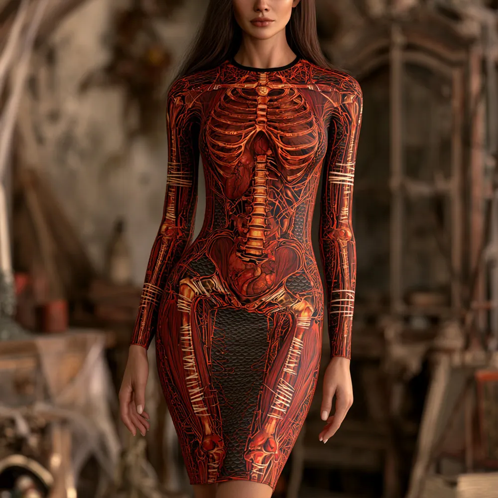 Comstylish Women's Halloween Skeleton And Bandage Art Slim Fit Long Sleeve Dress