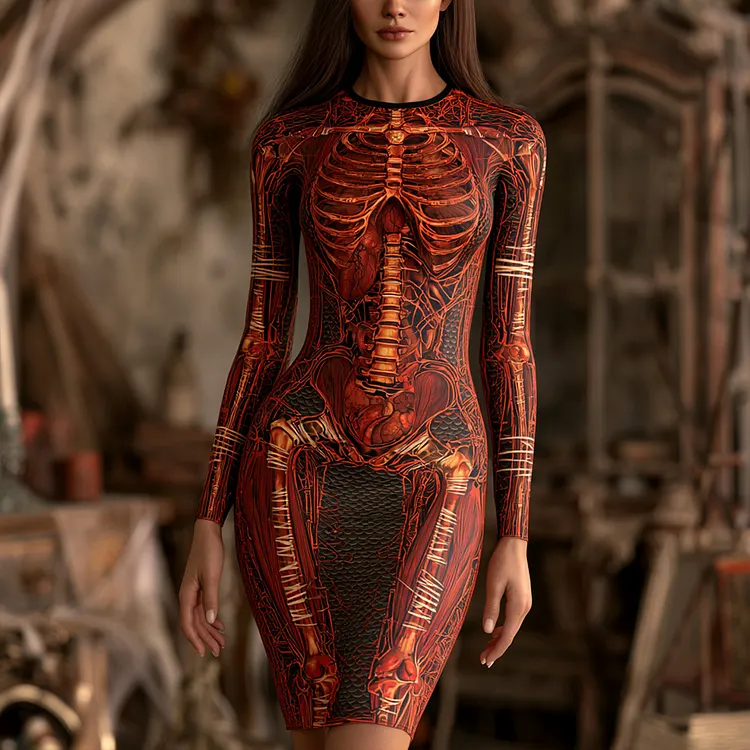 Women's Halloween Skeleton And Bandage Art Slim Fit Long Sleeve Dress