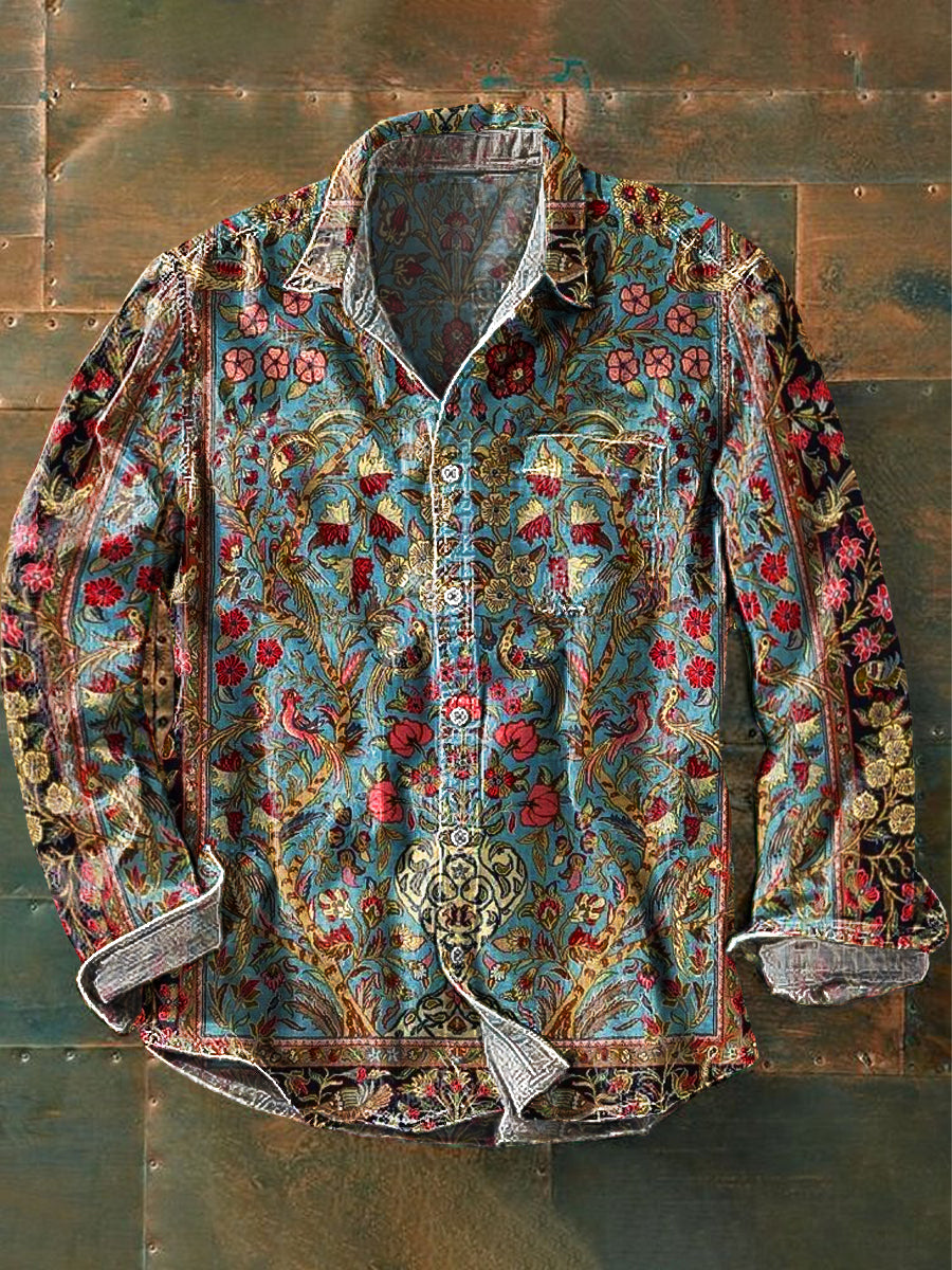 Men's Vintage Ethnic Symmetrical Colorful Art Print Long Sleeve Pocket Shirt