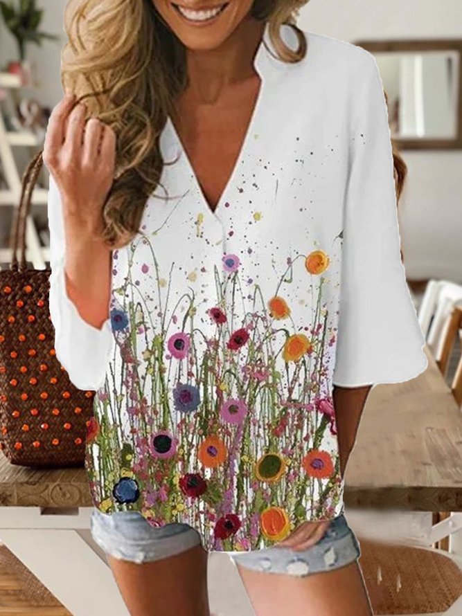White Printed Cotton Half Sleeve Patchwork Shirts & Tops