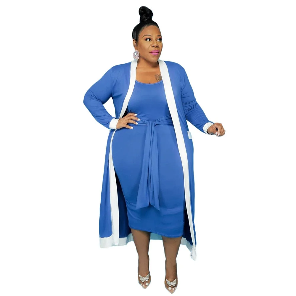 Two Piece Sets Plus Size Women Clothing 2021 Fall Clothes Wholesale Dress with Belt Long Sleeve Coat Matching Suits DropShipping