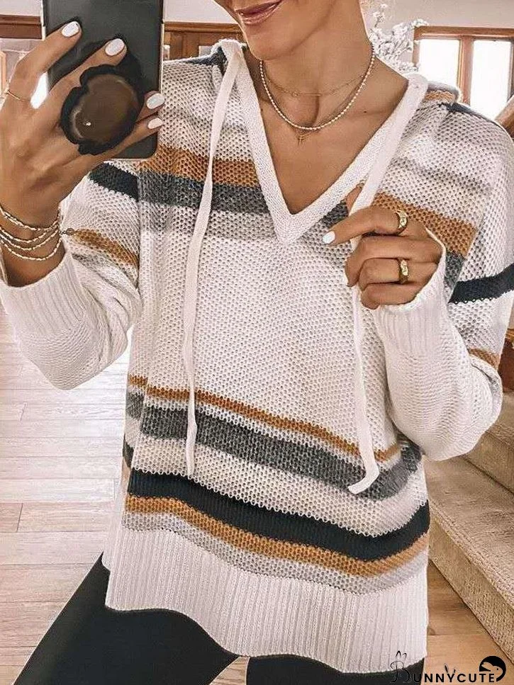 Hoodies Striped V-Neck Long Sleeve Knit Hoodie for Women