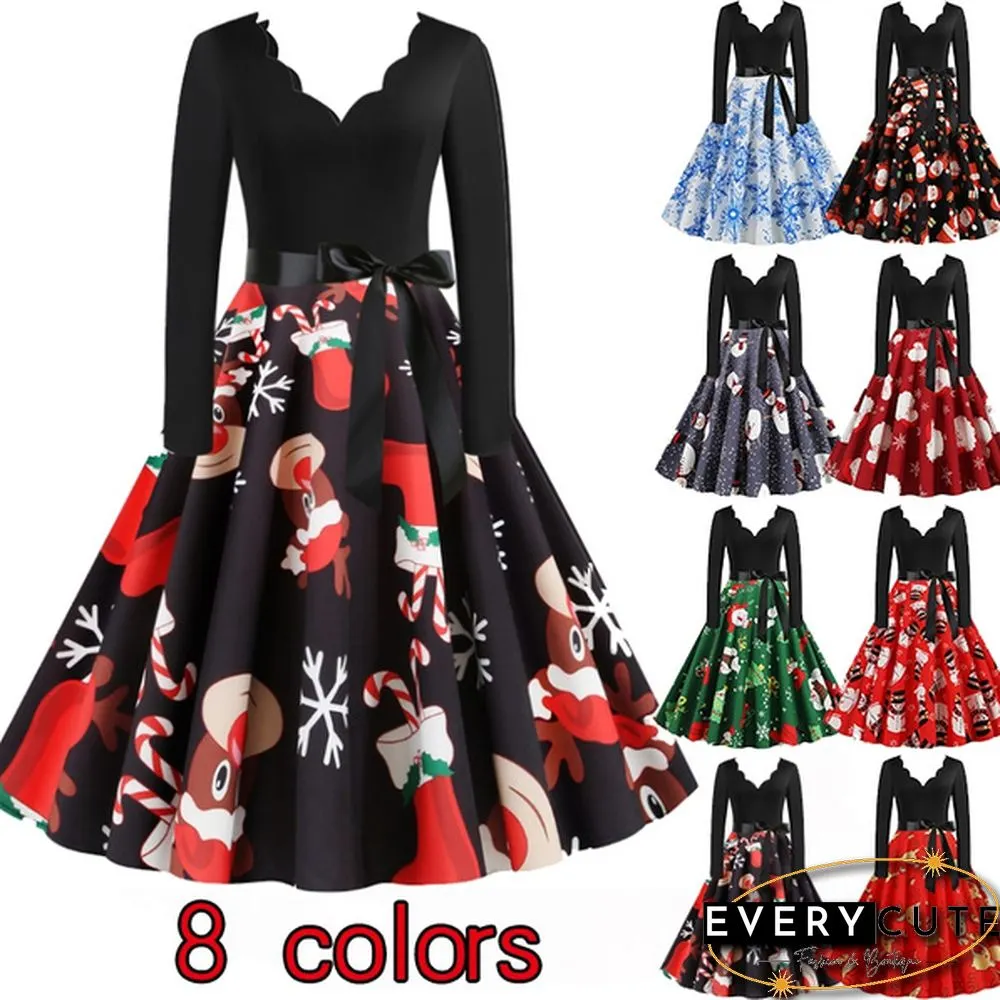 Christmas Prom Dress-Bow Style Santa Claus Print Swing`