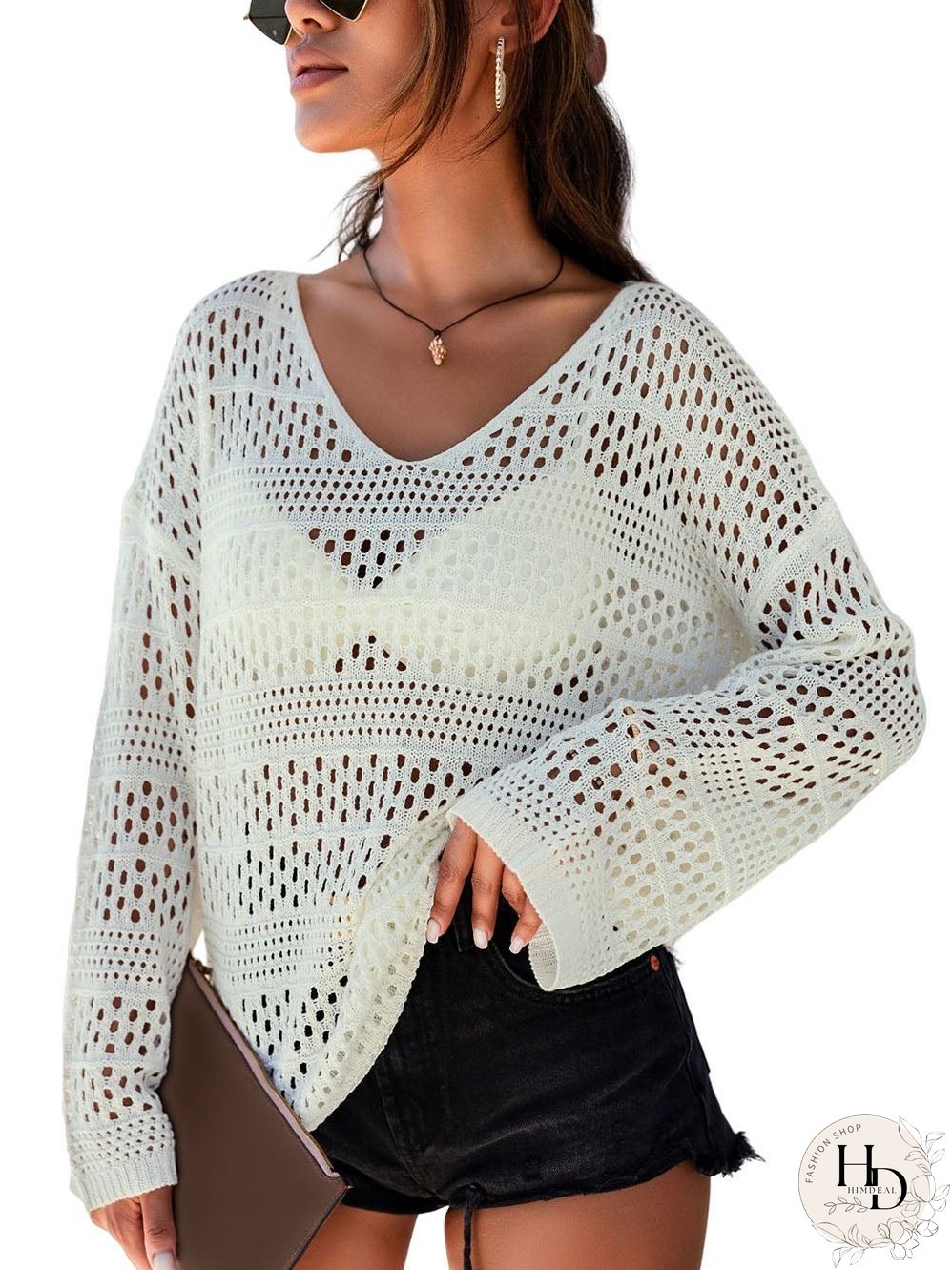 White Crochet V Neck Pullover Sweater with Hollow Out Detail
