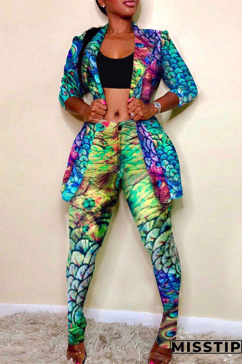 Colour Fashion Casual Print Cardigan Pants Turndown Collar Long Sleeve Two Pieces