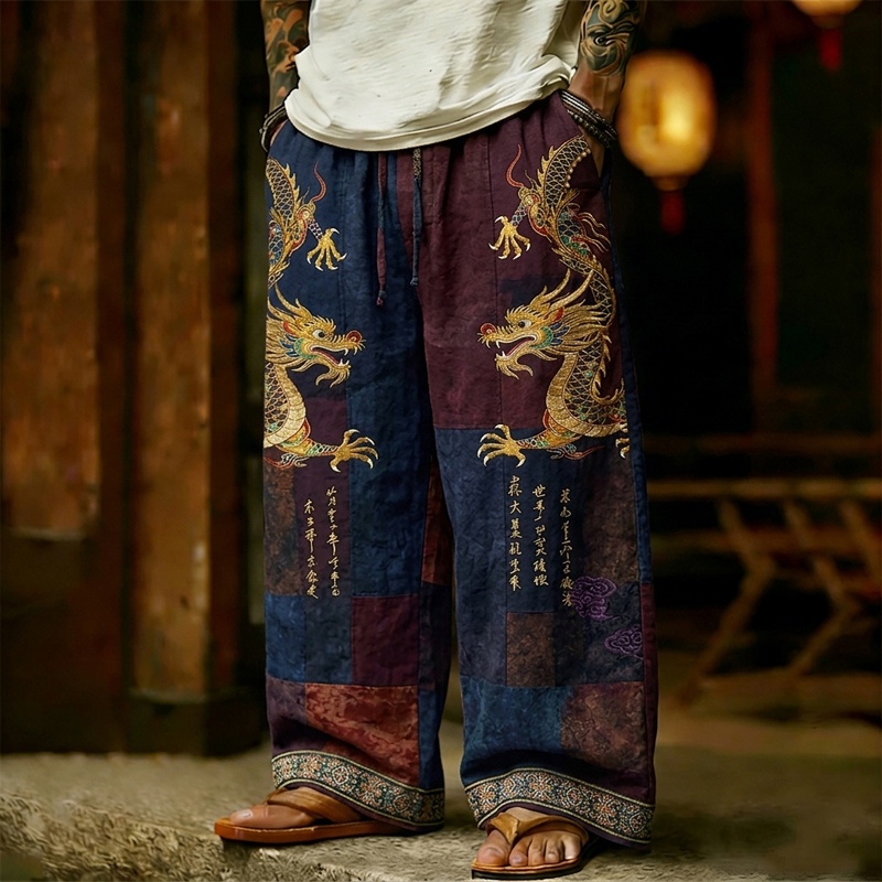 Men's Vintage Japanese Calligraphy Dragon Art Pattern Linen Blend Pants elevenforest