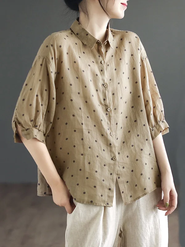 Half Sleeves Loose Polka-Dot Lapel Blouses&Shirts Tops