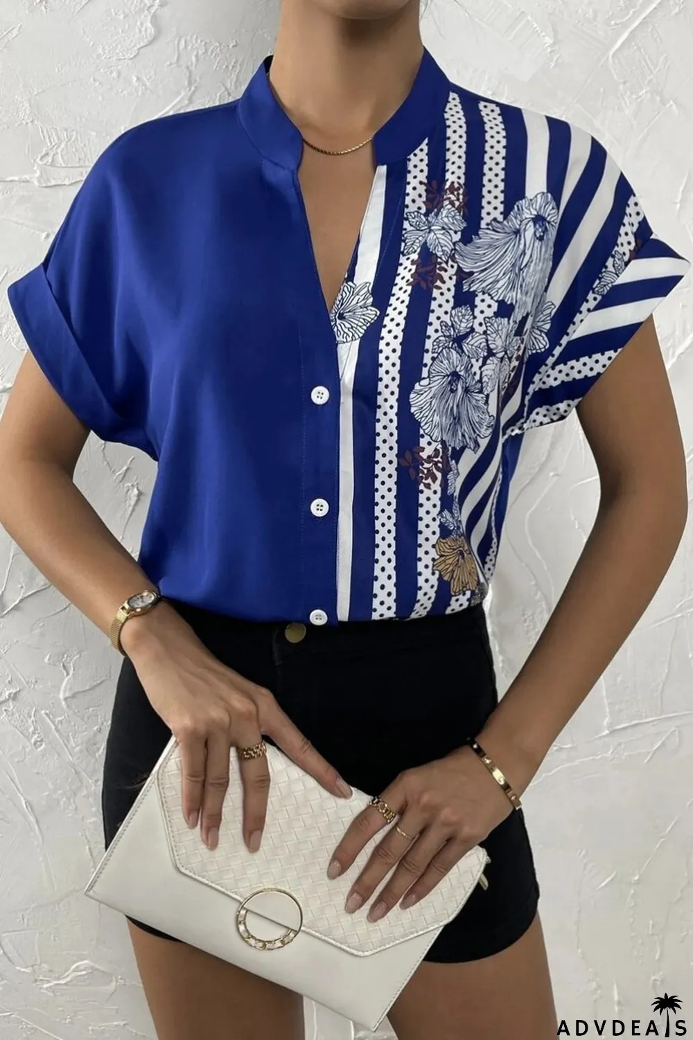 Green Casual Print Patchwork V Neck Tops