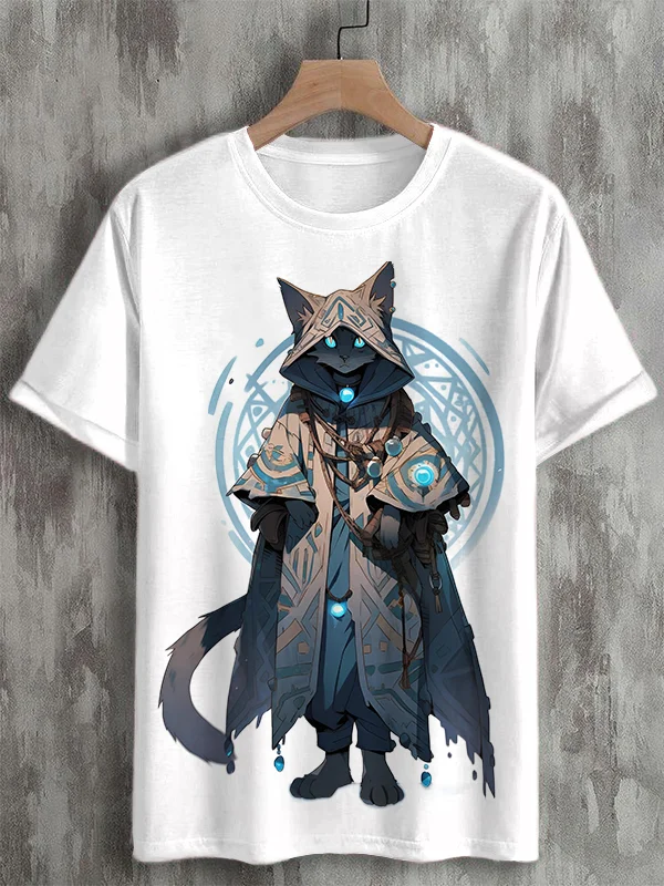 <💯Cotton> Men's Black Cat Enchanter Viking Art Graphic Print Cotton Casual T-Shirt