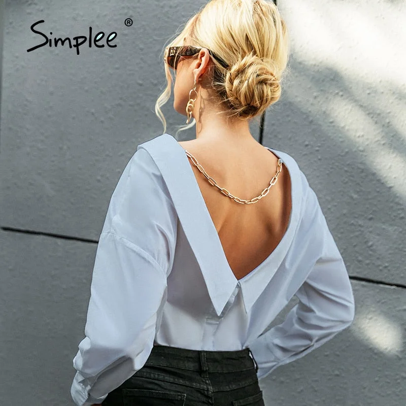 Simplee V neck white Backless chain women blouse shirts Long sleeve botton turn down collar tops Elegant spring blouse ladies