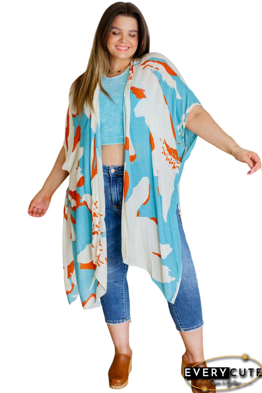 Sky Blue Plus Size Abstract Print Sweeping Kimono