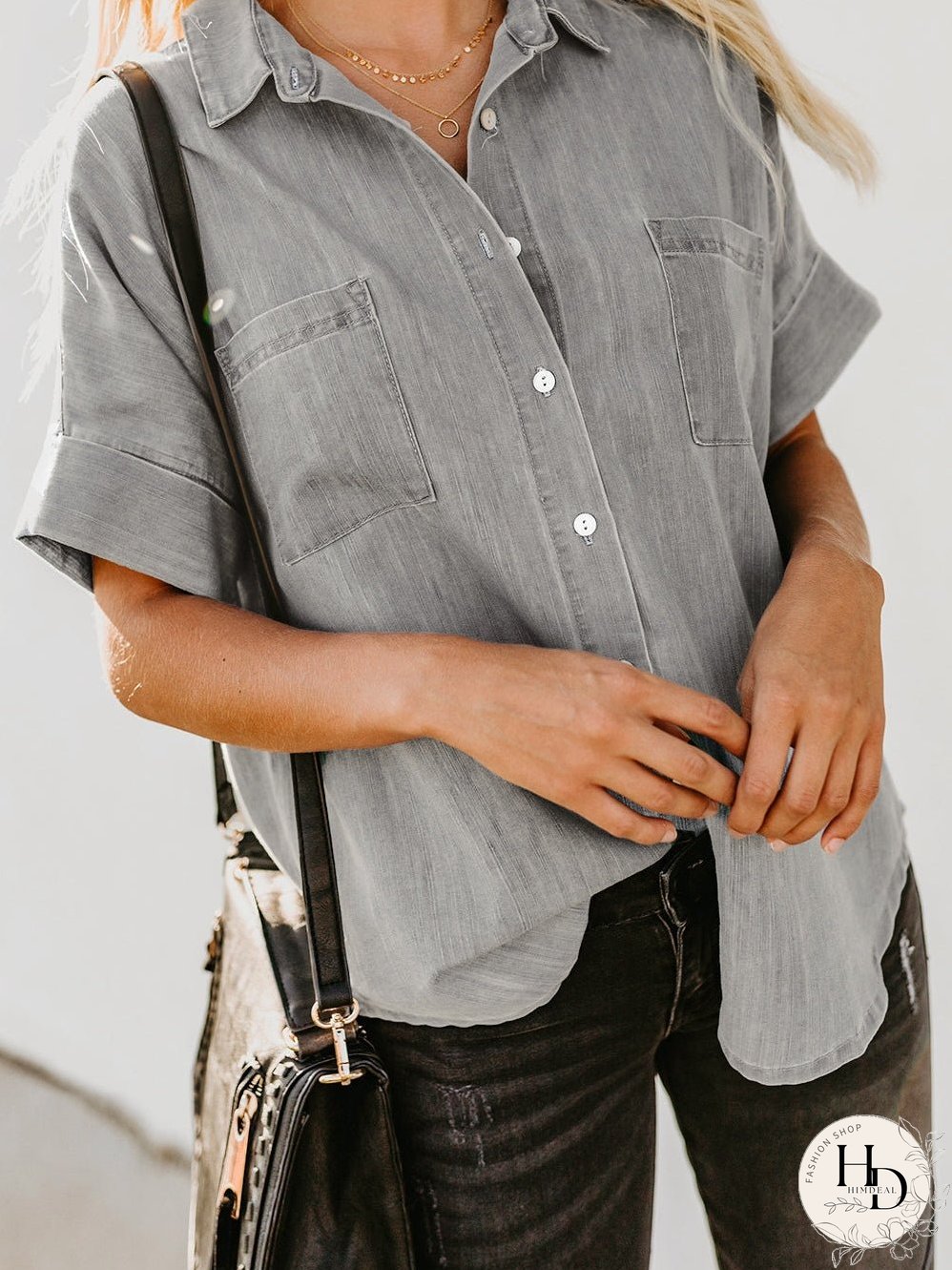 Chic Boyfriend Style Denim Shirt with Short Sleeves