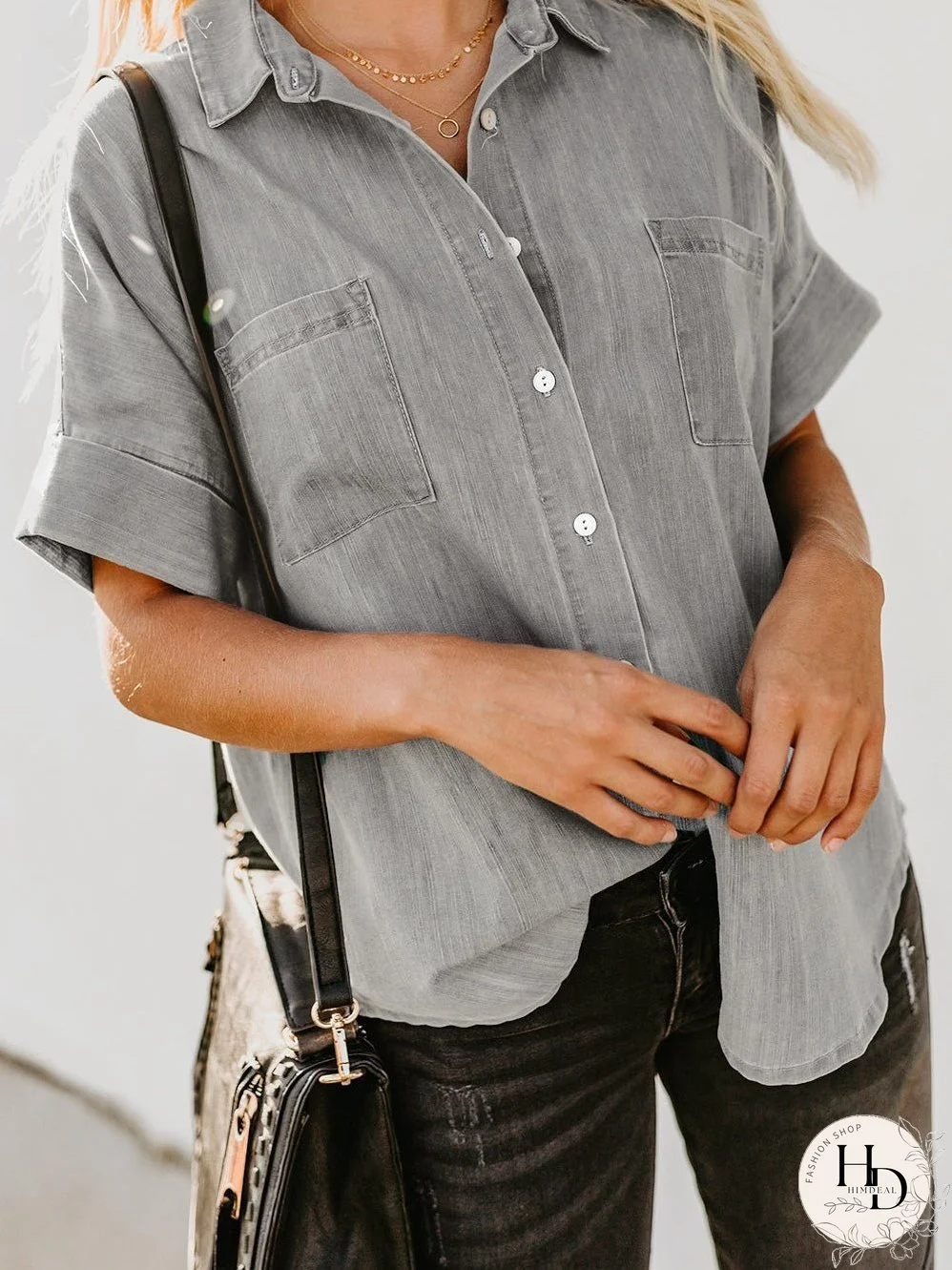 Chic Boyfriend Style Denim Shirt with Short Sleeves
