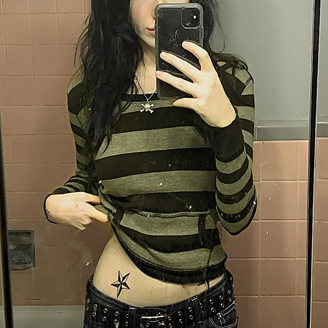 Tawnie 2022 Goth Fairycore Grunge Striped Hooded T Shirt Women Vintage Aesthetic Long Sleeve Tee Tops Y2K Casual Hoodie Tees