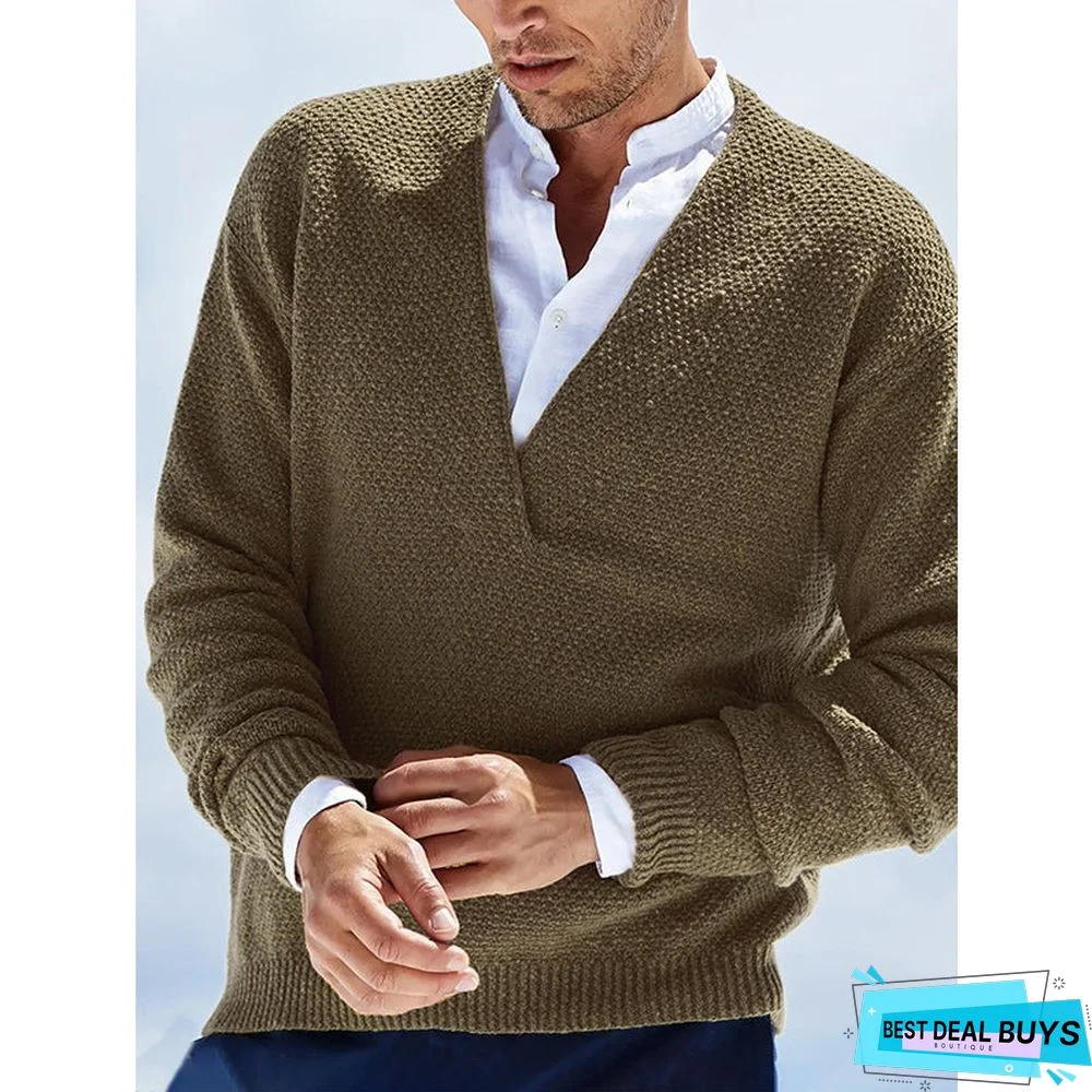 Solid Color Long Sleeve V-Neck Knitted Men's Sweater
