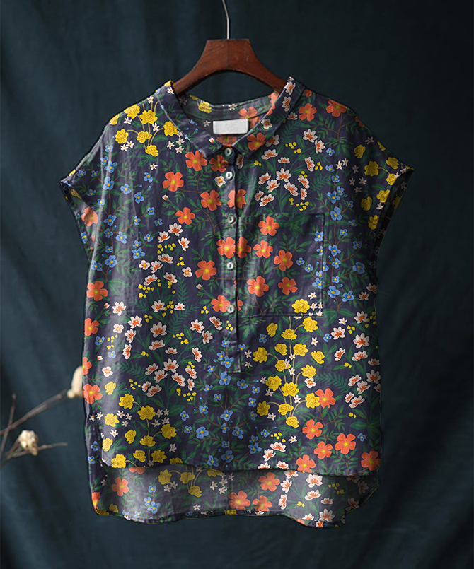 Vintage Floral Print Cotton and Linen Short-sleeved Casual Shirt