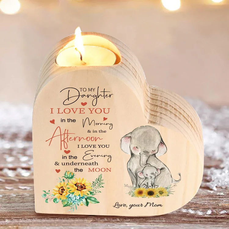 To My Daughter-Personalized Wooden Heart-shaped Candle Holder "I love you in the morning"Sunflower Candlesticks For Daughter