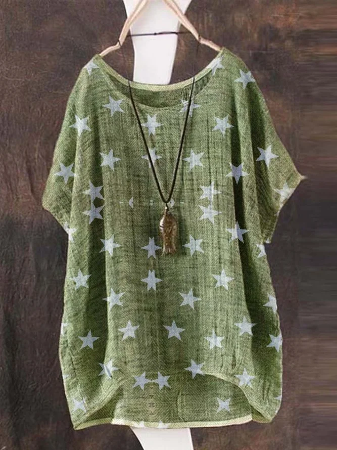 Green Short Sleeve Printed Casual Round Neck Tops