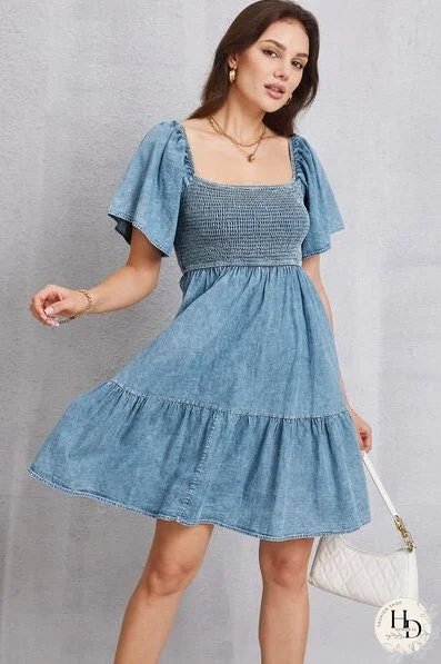 Smocked Square Neck Mini Denim Dress