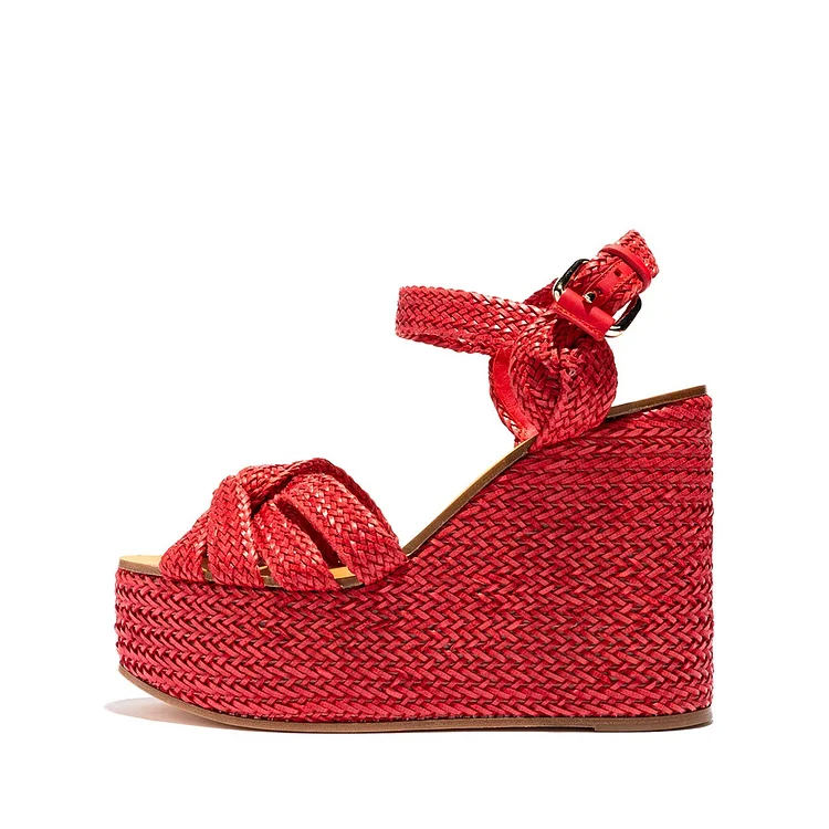 Red Woven Platform Heels Peep Toe Ankle Strap Wedge Sandals |FSJ Shoes