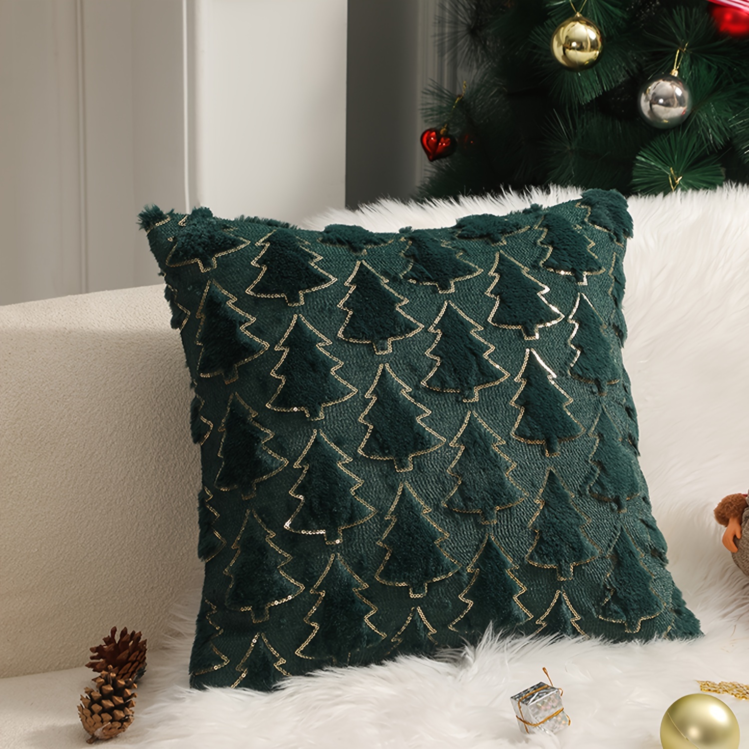 Festive Christmas Tree Pillow - Soft and Textured, Perfect for Your Living Room Decor - Machine Washable, Zipper Closure, Knit Fabric, No Stuffing, Polyester Cover