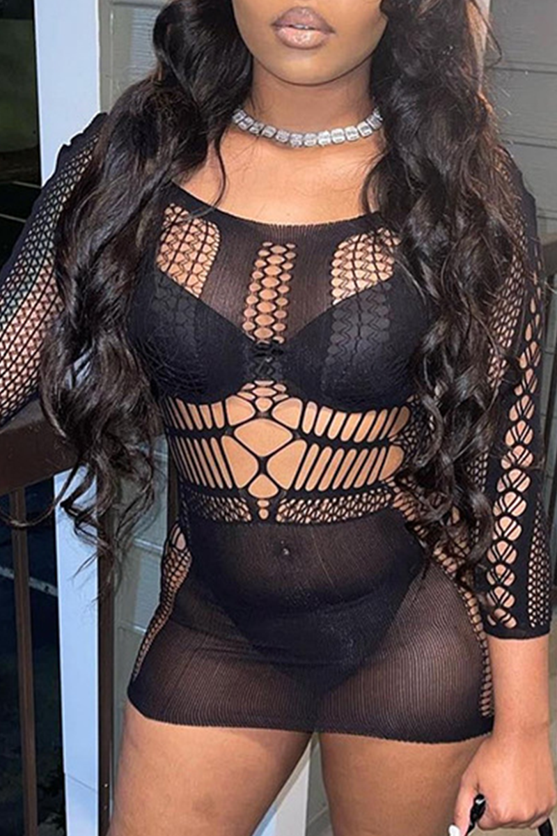 Sexy Solid Mesh O Neck Pencil Skirt Dresses