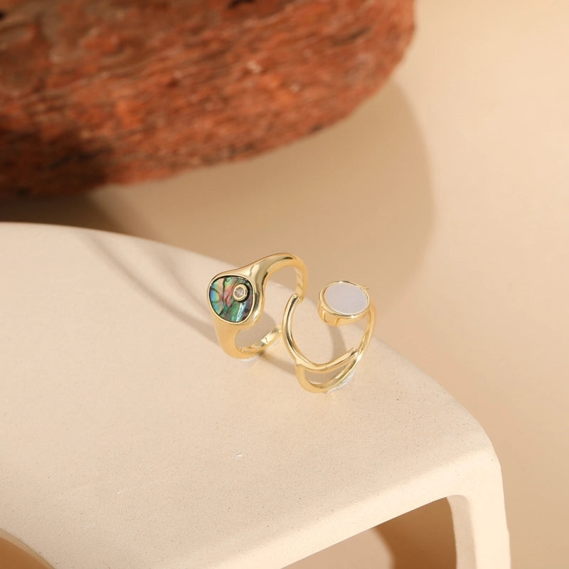 Elegant Luxurious Classic Style Geometric Copper Plating Inlay Shell Zircon 14k Gold Plated Open Ring