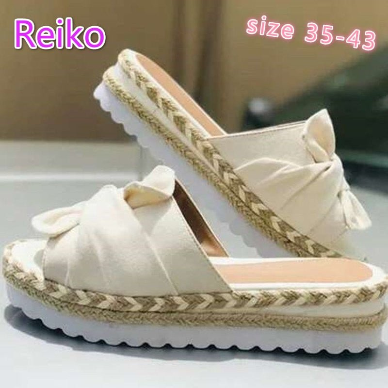 Hemp rope sponge cake platform sandals and slippers women summer new style bowknot straw woven large size slippers
