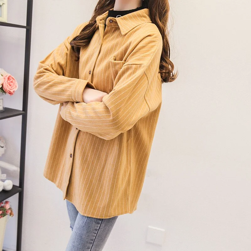 Woolen Striped Shirts Women Blouses And Tops Long Sleeve Female Clothes Outwear Loose New Arrival Yellow Grey