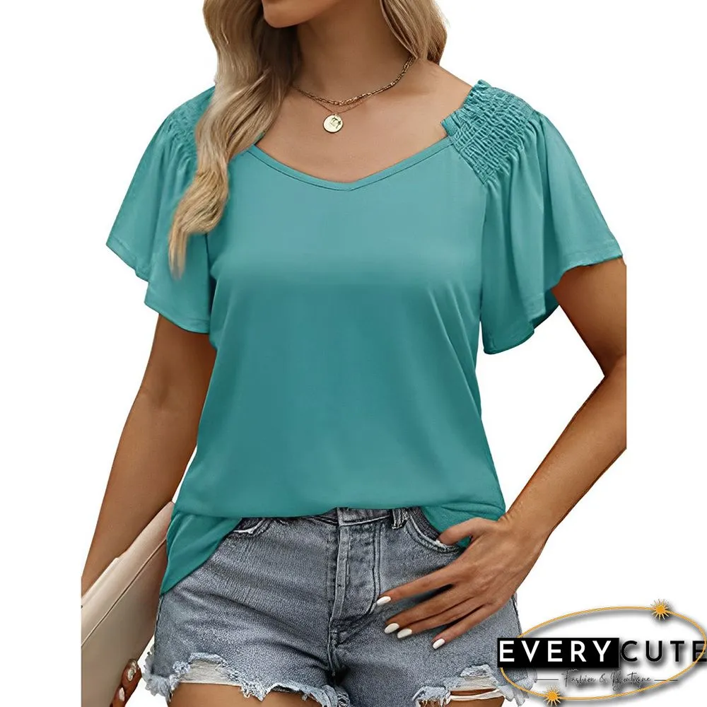 Cyan Pleated Short Sleeve Casual T-shirt