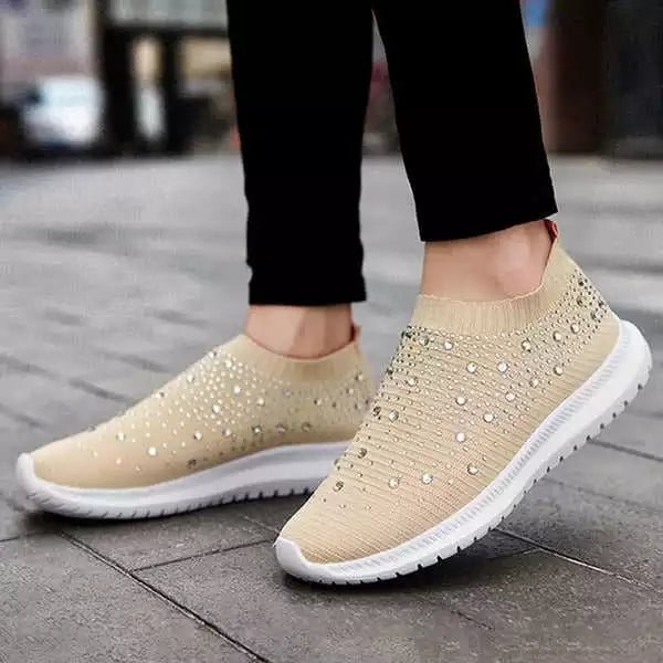 Zapatillas deportivas sin cordones tejidas con volantes de diamantes de  imitación casuales