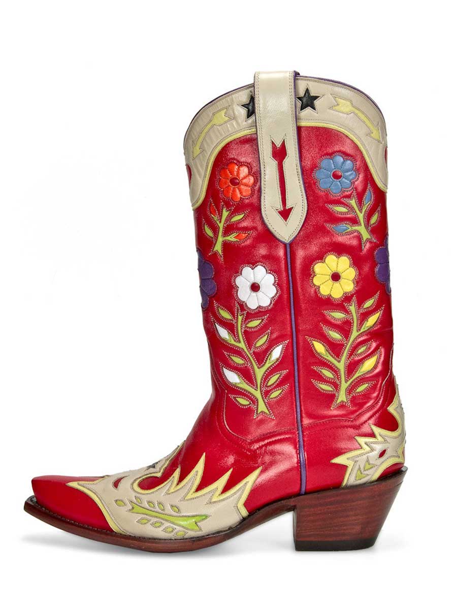 Red Floral Inlay Patchwork Snip Toe Chunky Heel Mid-Calf Cowgirl Boots