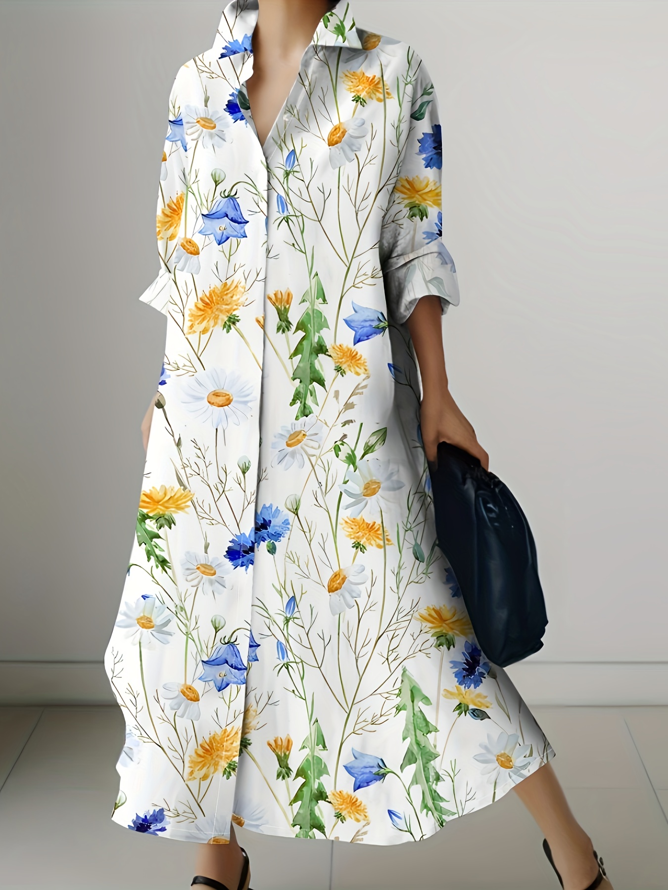 Floral Print Long Sleeve Dress For Women - Polyester Woven Vacation Style Shirt Dress With Lapel Collar And Button Detail, Spring/Fall Season - 110g/M&sup2; Fabric Weight | IFYHOME