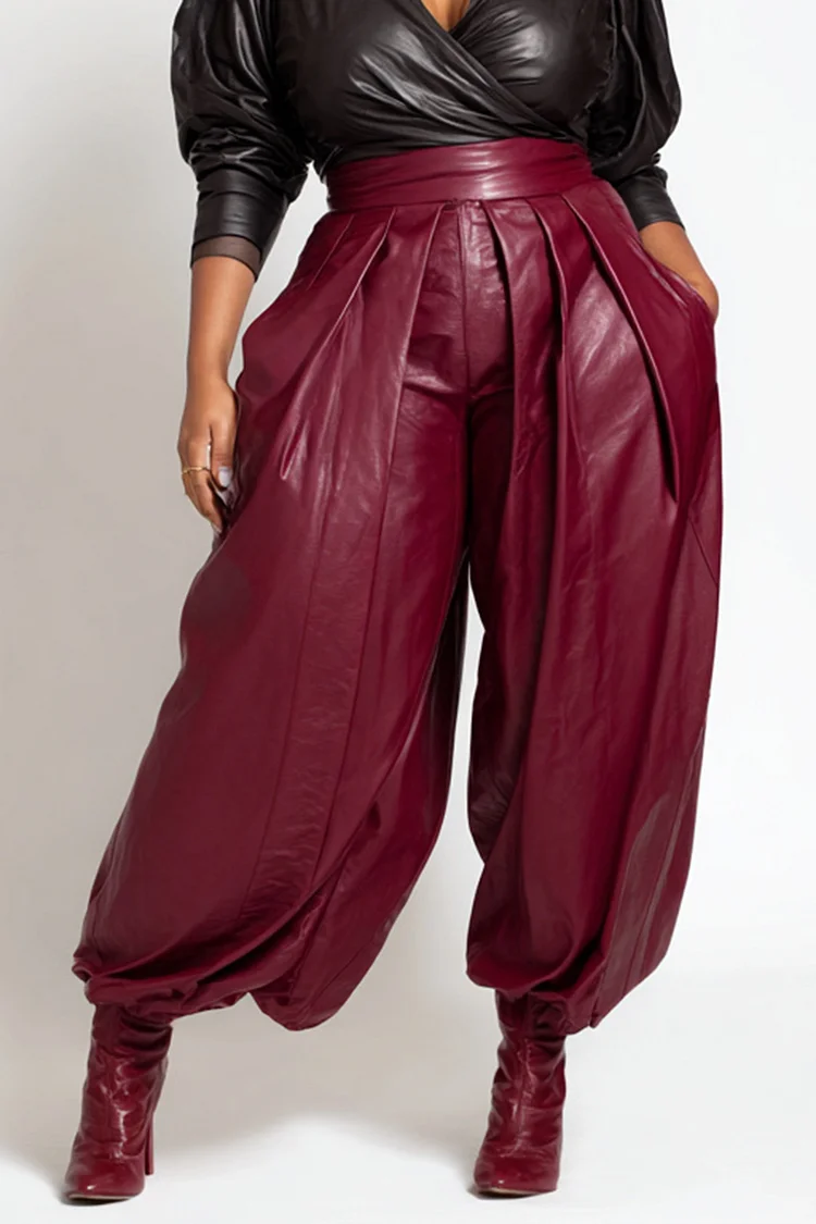 Xpluswear Design Plus Size Business Casual Burgundy Pocket Casual Ruffled Jogging PU Leather Pants 2024 - Xpluswear