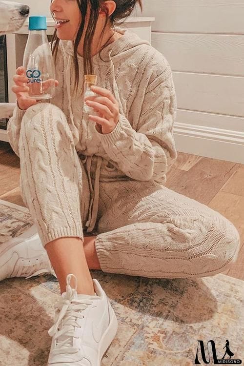 MidiSono - Solid Color Hooded Collar Knitted Pants Set